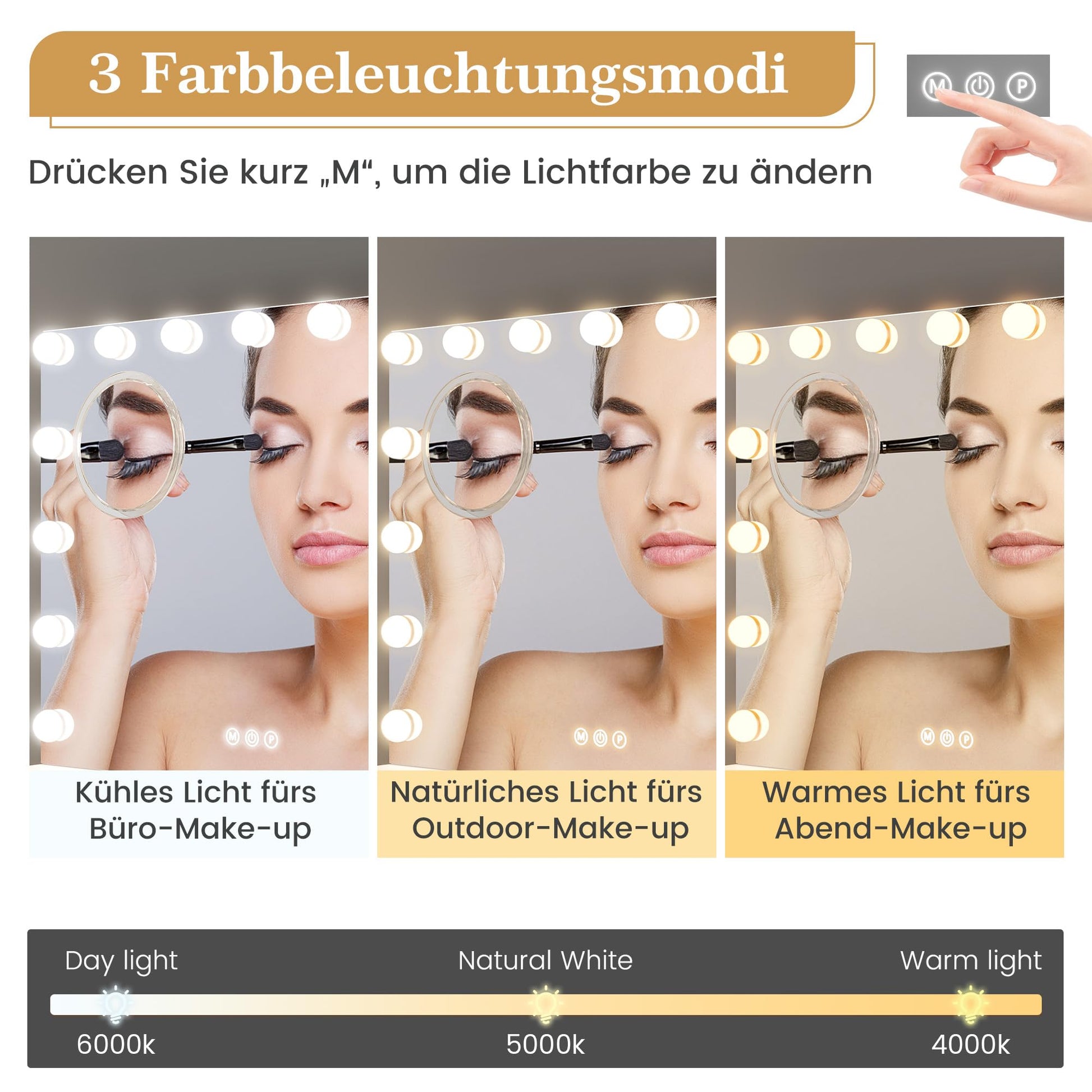 Miroir de maquillage GARVEE Hollywood 58 x 46 cm avec 15 LED tactiles, blanc