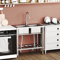 Garvee Évier de Cuisine Professionnel en Inox, Double Bac Autoportant avec Robinet Extractible, Étagère et Raccords Eau Chaude/Froide