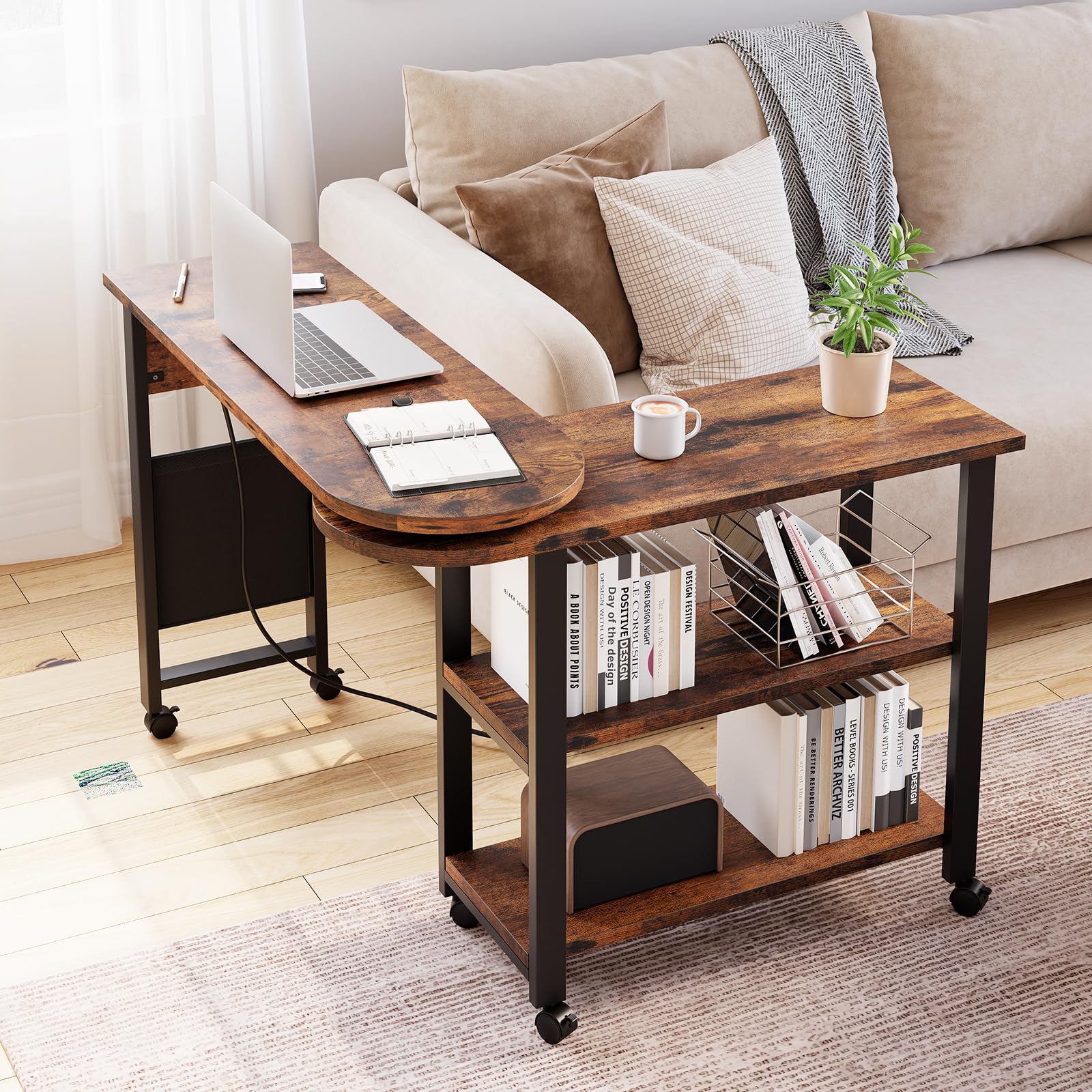 Garvee table d'appoint pivotante à 360° avec station de charge, 6 roulettes, MDF et métal, salon et chambre, noire