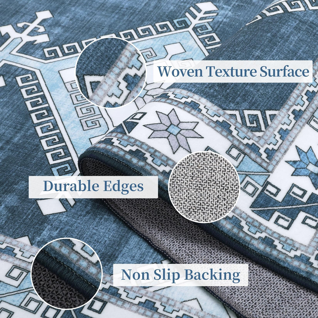 Tapis de couloir moderne Garvee, lavable en machine, motif géométrique marocain, pour salon, chambre, salle à manger ou bureau, gris-bleu