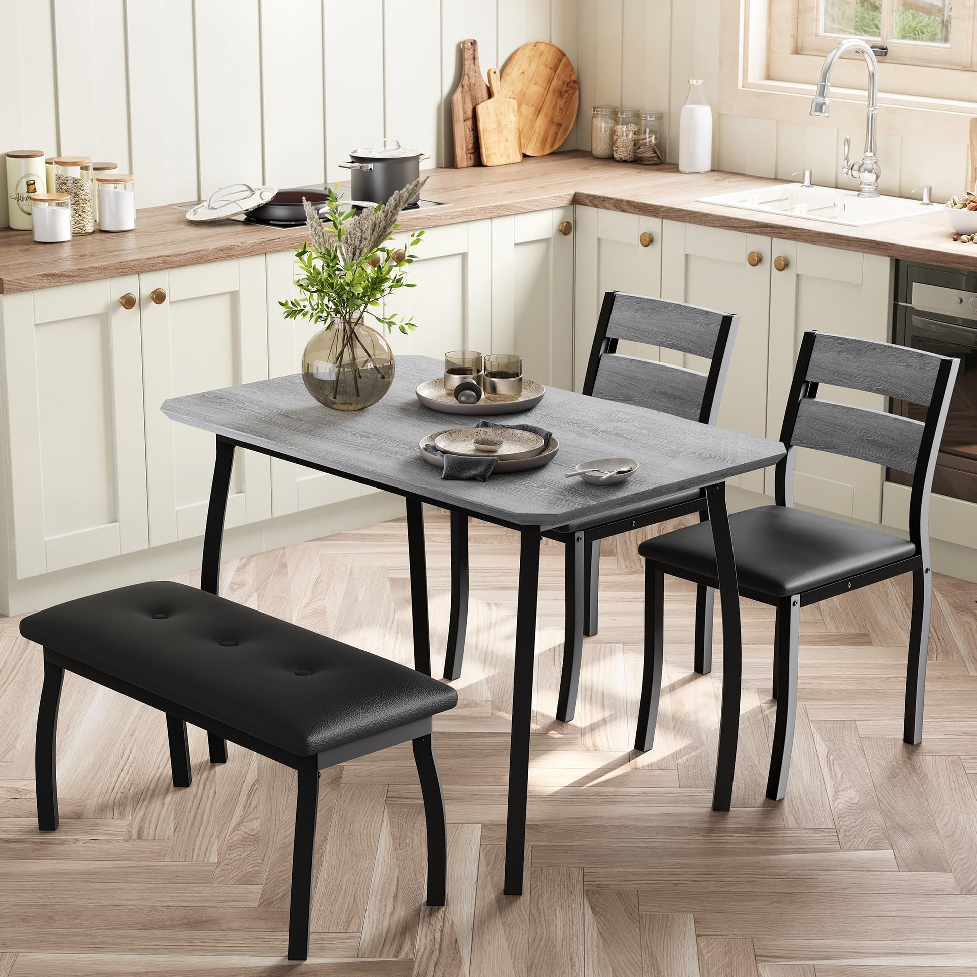 Ensemble de salle à manger Garvee pour 4 personnes, table robuste en bois avec pieds en métal, banc rembourré et 2 chaises, design moderne, gain de place, gris