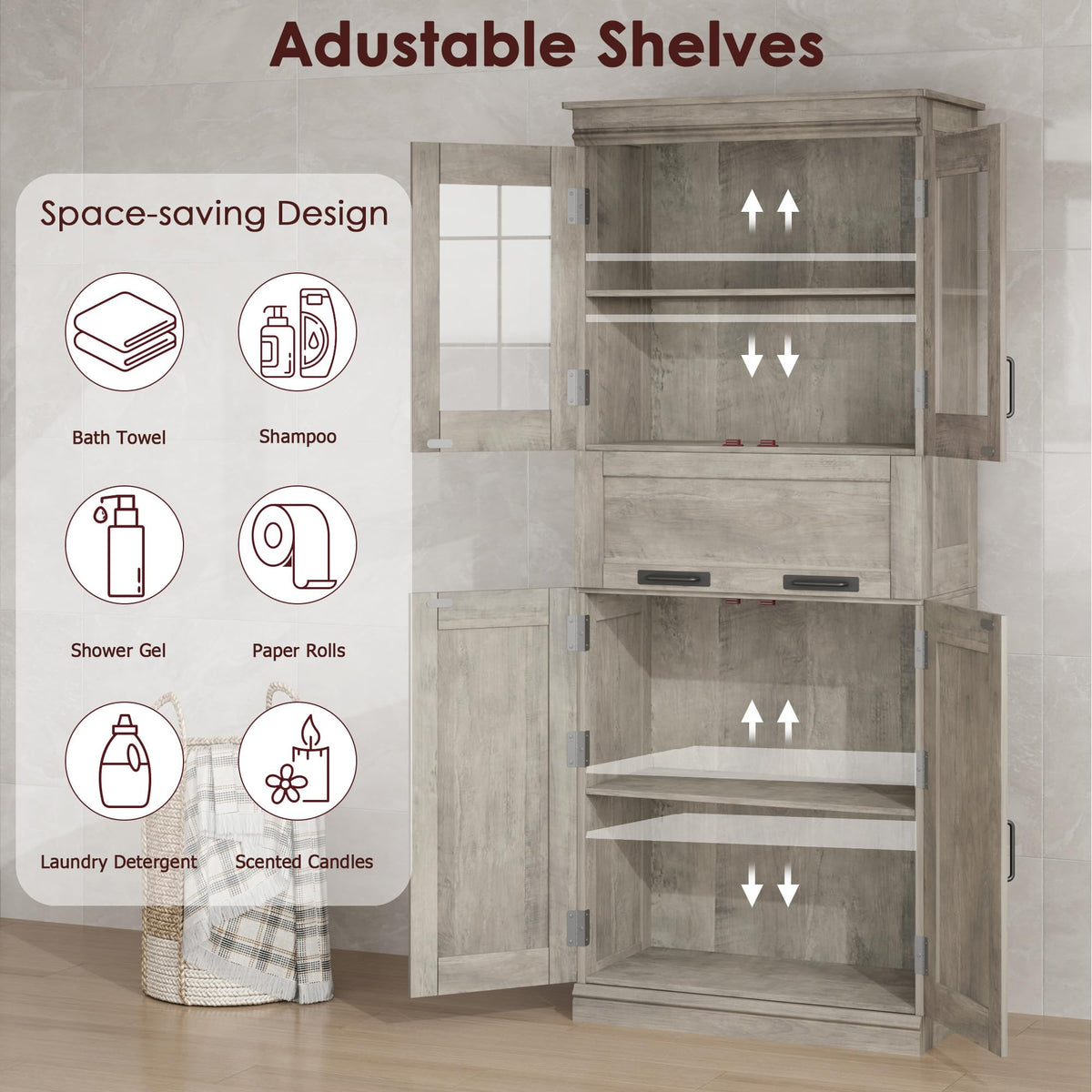 Garvee meuble de salle de bain de 170 cm de haut avec portes vitrées, étagères réglables, tiroir, MDF, autoportant, gris, pour salle de bain et salon