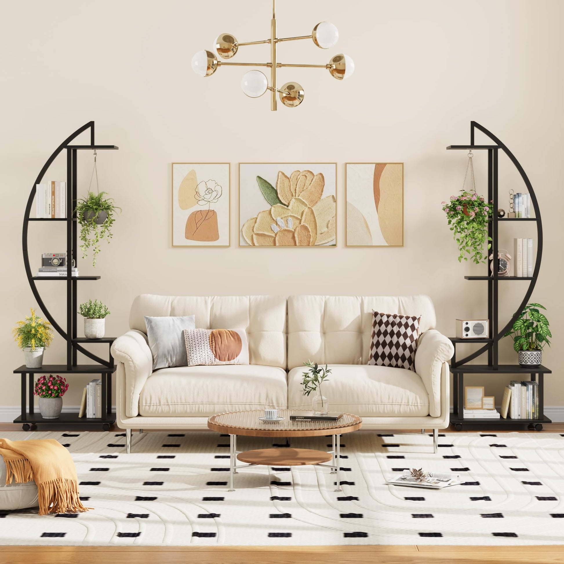 Ensemble Garvee de 2 pièces : support à plantes en métal à 6 niveaux avec roulettes amovibles et étagères en bois en forme de croissant, pour l'intérieur et le jardin, 175 cm (69 pouces), noir.
