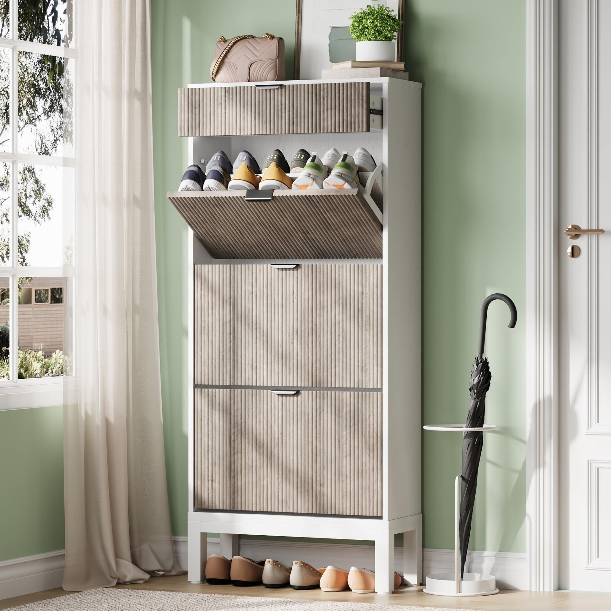 Meuble à chaussures Garvee avec 3 portes à charnières et 1 tiroir, en bois, design moderne, pieds en fer, idéal pour un couloir ou une entrée, fin, marron
