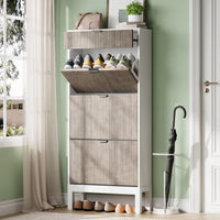 Meuble à chaussures Garvee avec 3 portes à charnières et 1 tiroir, en bois, design moderne, pieds en fer, idéal pour un couloir ou une entrée, fin, marron