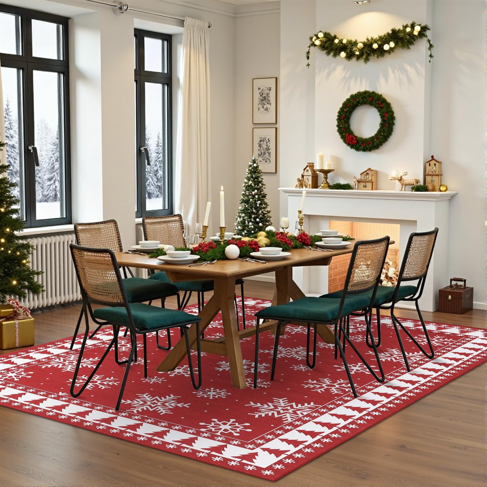 Tapis de Noël Garvee rouge 120x170 cm avec flocons de neige et sapin de Noël pour salon et chambre, lavable, antidérapant en TPR, à poils courts
