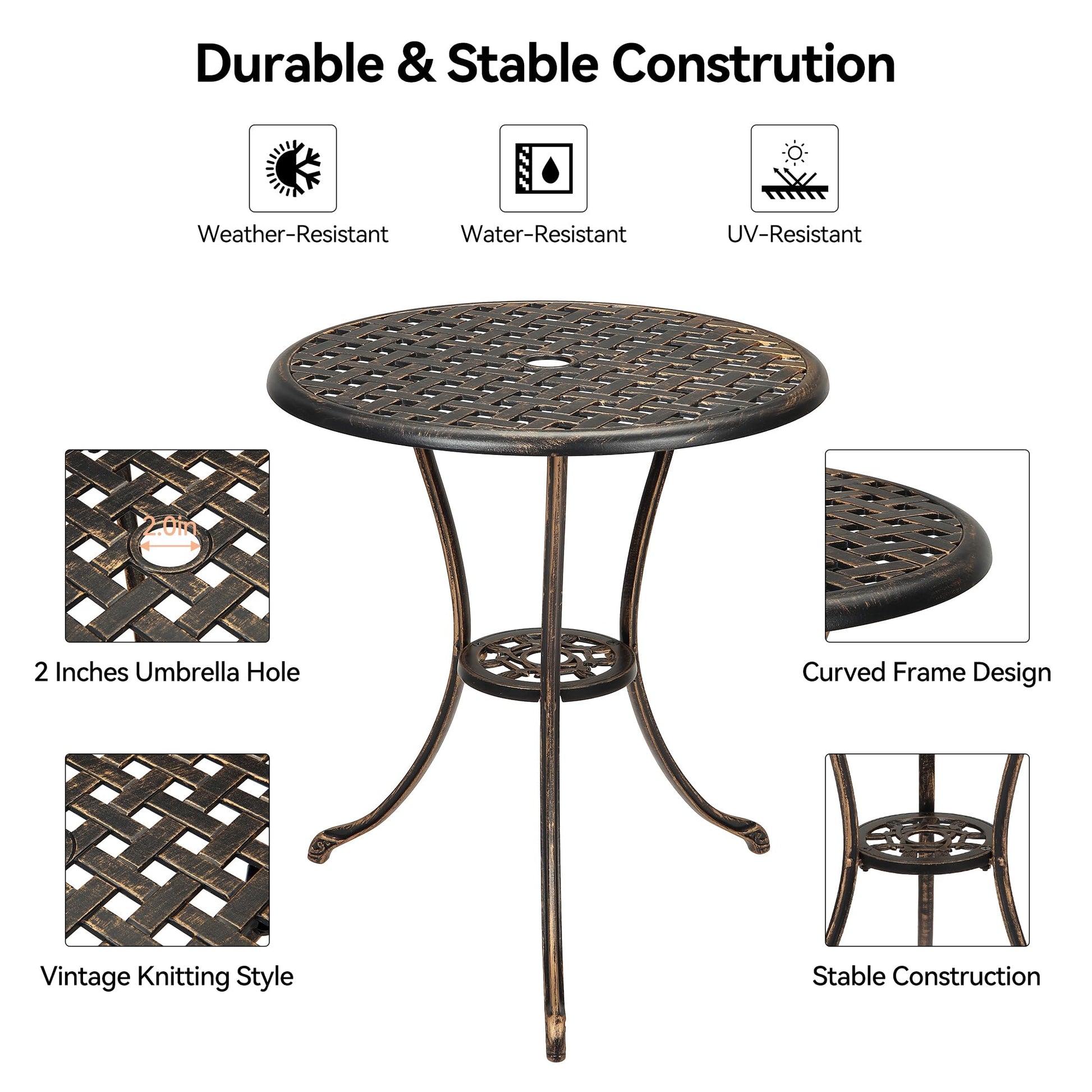 Table bistro Garvee 24" en aluminium avec trou pour parasol, antirouille, bronze vieilli, idéale pour le jardin et le balcon, robuste et légère.