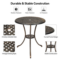 Table bistro Garvee 24" en aluminium avec trou pour parasol, antirouille, bronze vieilli, idéale pour le jardin et le balcon, robuste et légère.