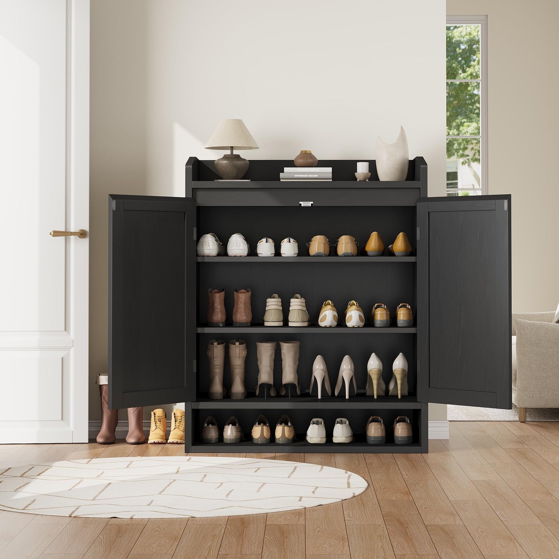 Garvee meuble à chaussures en rotin avec 2 portes, étagères réglables, 5 niveaux, MDF, noir, pour entrée et salon