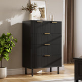 Garvee Commode Noire Flûtée 5 Tiroirs Bois Moderne Avec Panneaux Ondulés Et Pieds Métal Pour Chambre Et Entrée, Grande Taille, Noir - 