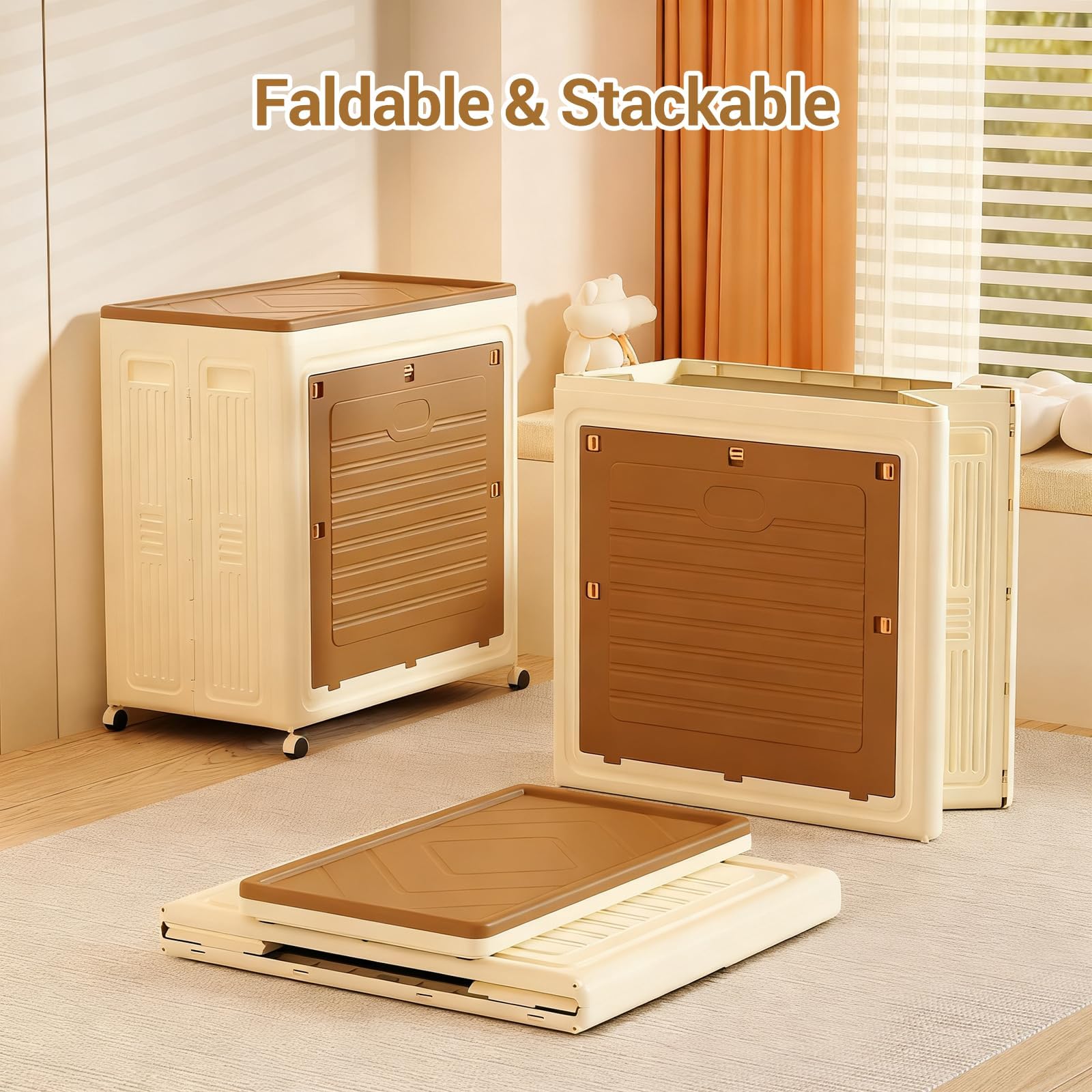 Boîte de rangement pliable Garvee, grand modèle 95 L avec couvercle et roulettes, idéale pour placard, salle de bain, chambre, cuisine, bureau, 48 x 36 x 56 cm, multicolore