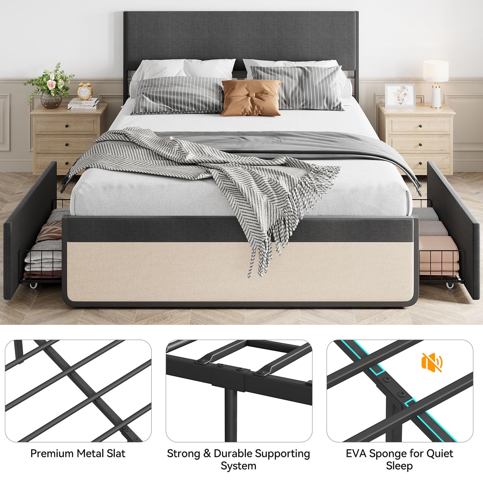 Cadre de lit Garvee Queen Size avec tête de lit, 2 tiroirs, sommier à lattes métalliques, silencieux, tissu en lin gris, chambre à coucher