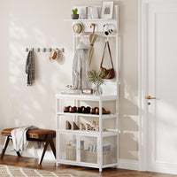 Armoire-penderie Garvee Hall Tree avec portes, blanche, 185 cm - 7 crochets et étagère à chaussures pour couloir, chambre, entrée - MDF et métal - Pieds anti-basculement et réglables