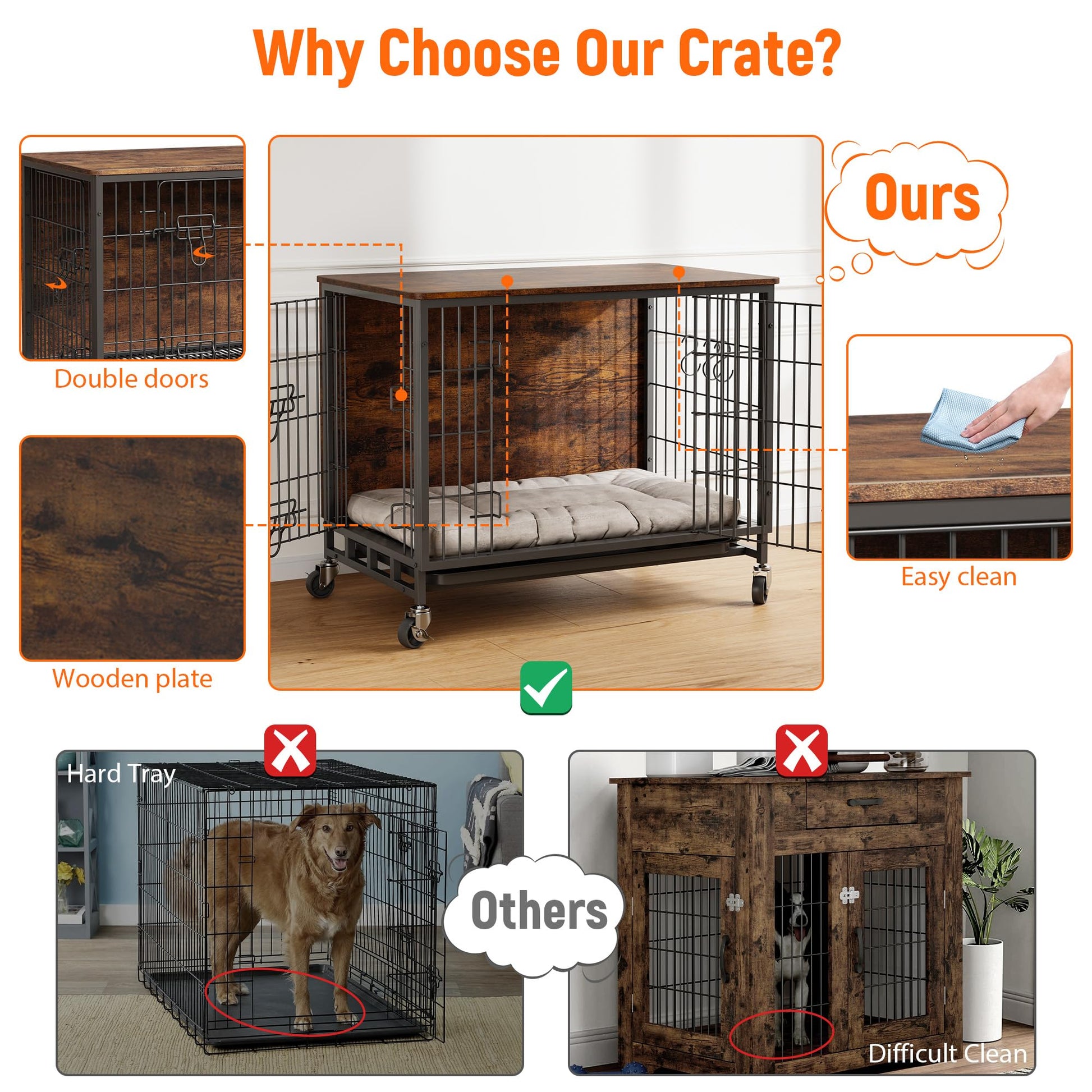 Meuble de cage pour chien Garvee 98 cm (38,6 po) en bois avec roulettes et double porte pour grands chiens d'intérieur, stable, mobile, antidérapant, en bois aggloméré