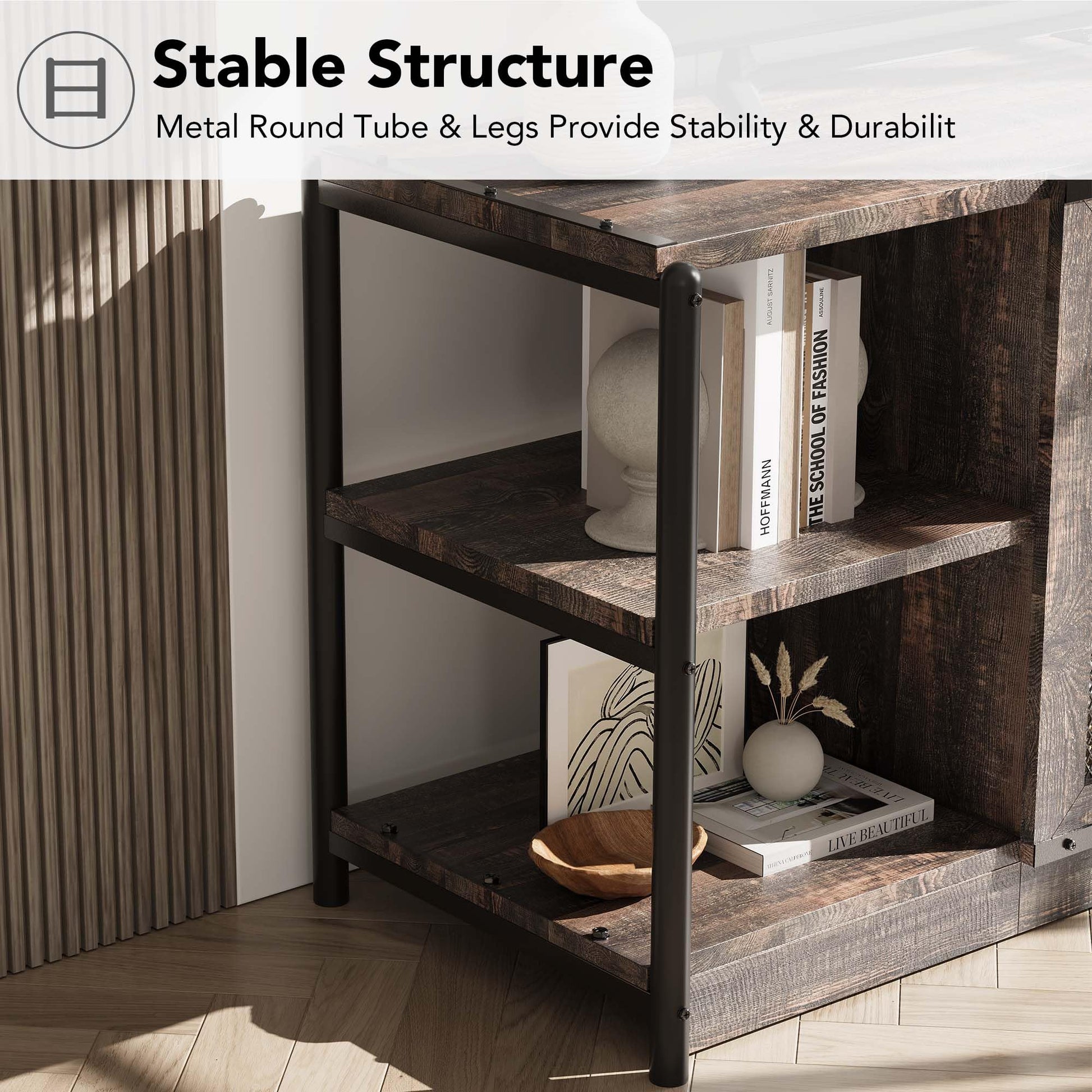 Garvee Meuble TV style ferme pour téléviseurs 65/191 cm avec portes en maille, console multimédia de style industriel, meuble de salon, bois durable