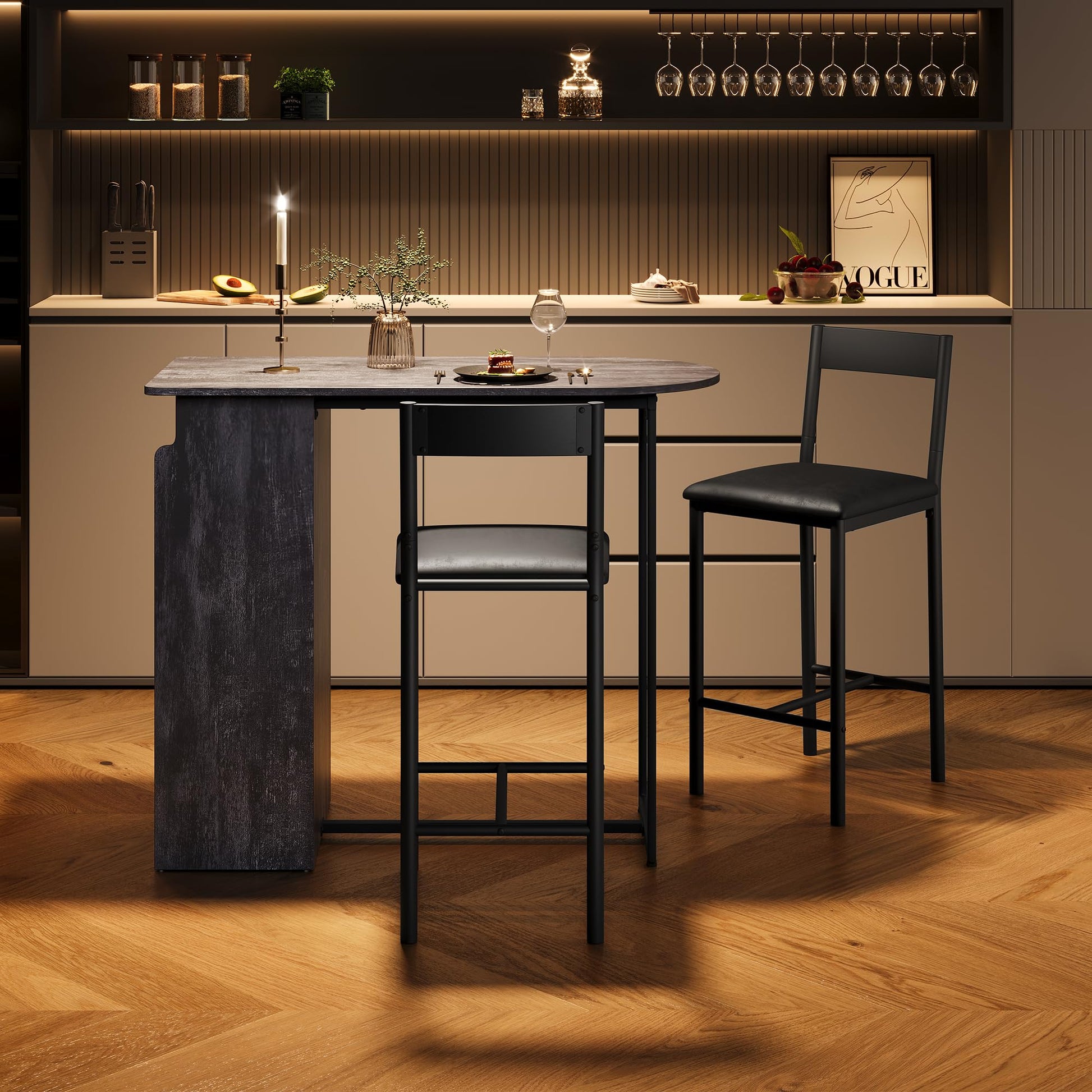 Ensemble table et chaises de bar Garvee avec plateau semi-circulaire rétro, rangement à 3 niveaux, tabourets recouverts de cuir pour la cuisine et le bureau, moderne et peu encombrant