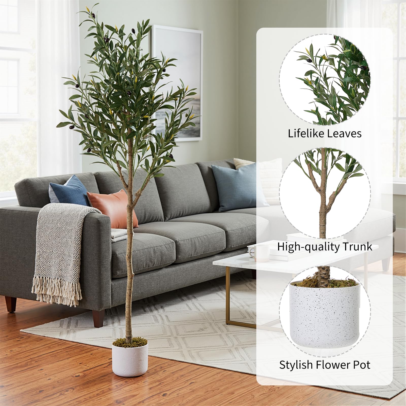 Olivier artificiel Garvee de 1,5 m de haut avec 22 fruits, en polyester, pot en ciment, pour la décoration de la maison et du bureau, vert