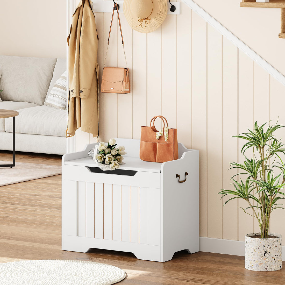 Garvee Coffre de Rangement pour Jouets avec Couvercle et Charnière de Sécurité, MDF Blanc, Style Rustique, charge 159kg