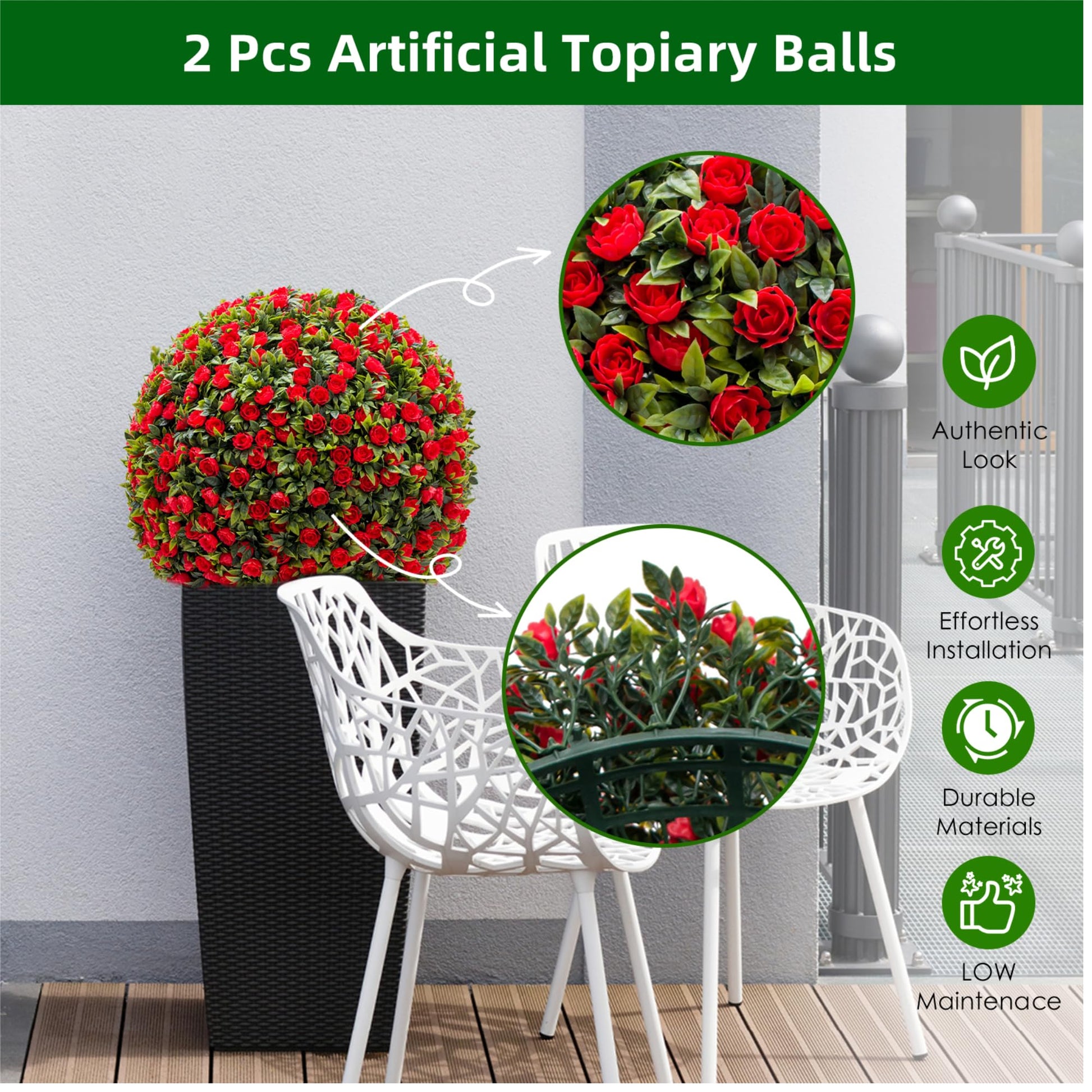 Garvee Lot de 2 Boules de Buis Artificielles 45 cm avec Fleurs, PE Résistant aux UV, pour Mariage et Balcon, Vert Rouge Blanc
