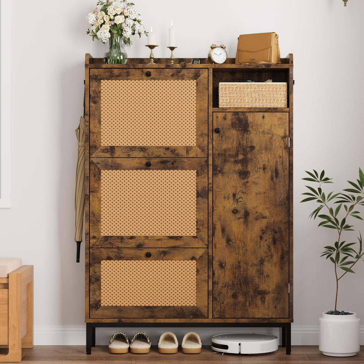 Garvee Meuble à chaussures en rotin avec 3 tiroirs abattants et 4 niveaux de rangement pour entrée et couloir, en MDF et métal, étagères réglables, robuste, grand format, couleur naturelle
