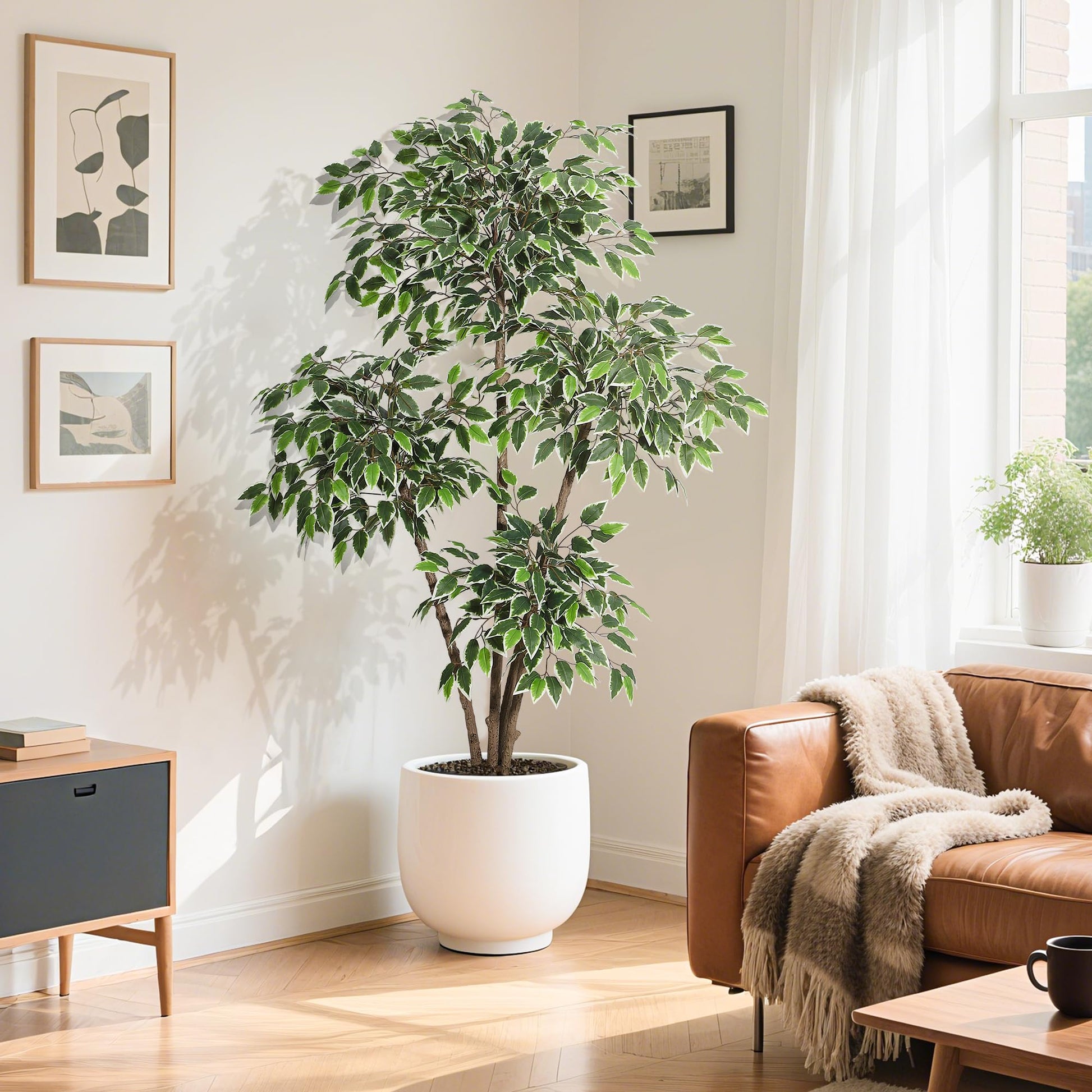 Ficus artificiel Garvee de 1,83 m (6 pi) avec 4 troncs, grand pot blanc pour salon et bureau, 180 cm x 105 cm (70,8 po x 41,3 po).