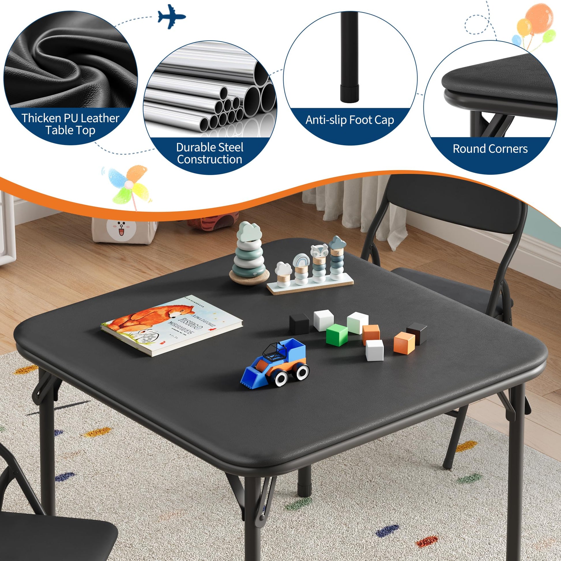 Ensemble table et chaises pour enfants Garvee 5 pièces, pliable, en métal robuste et cuir PU, pour chambres d'enfants et usage extérieur