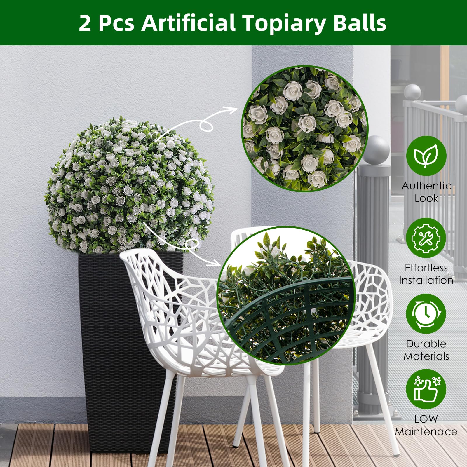 Garvee Lot de 2 Boules de Buis Artificielles 45 cm avec Fleurs, PE Résistant aux UV, pour Mariage et Balcon, Vert Rouge Blanc