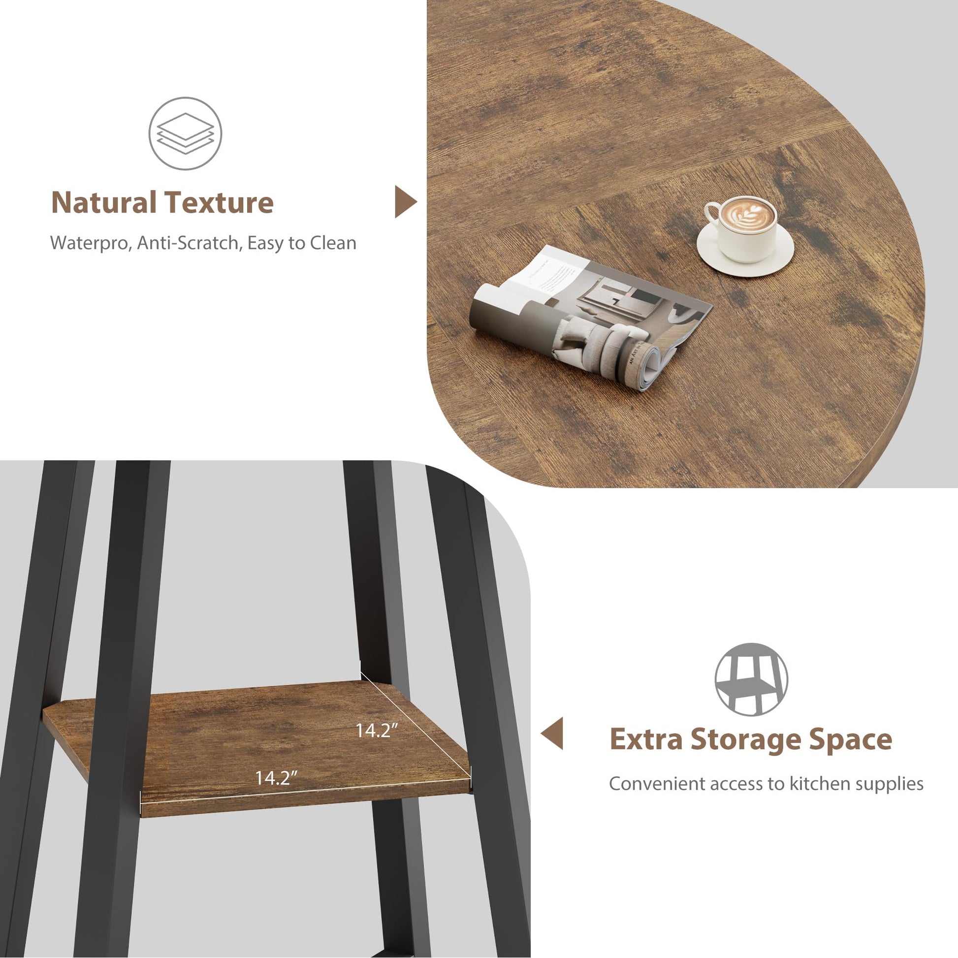Table de salle à manger ronde Garvee pour 4 à 6 personnes, 119 cm (47 pouces), structure en métal, plateau en bois, design industriel, gain de place, grise