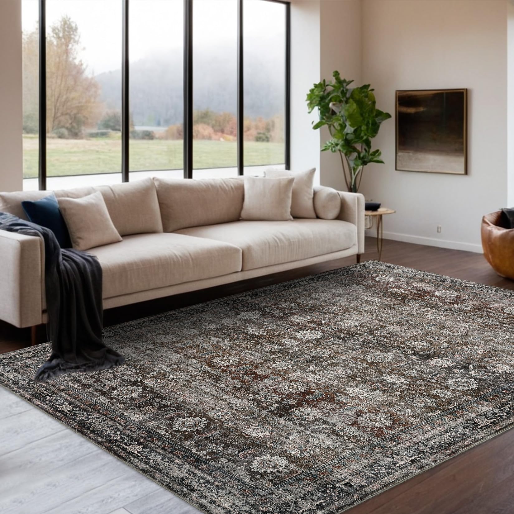 Tapis Garvee lavable style vintage pour salon, chambre, cuisine, poils plats, antidérapant, aspect vieilli doux, design moderne, 100 x 150 cm, beige