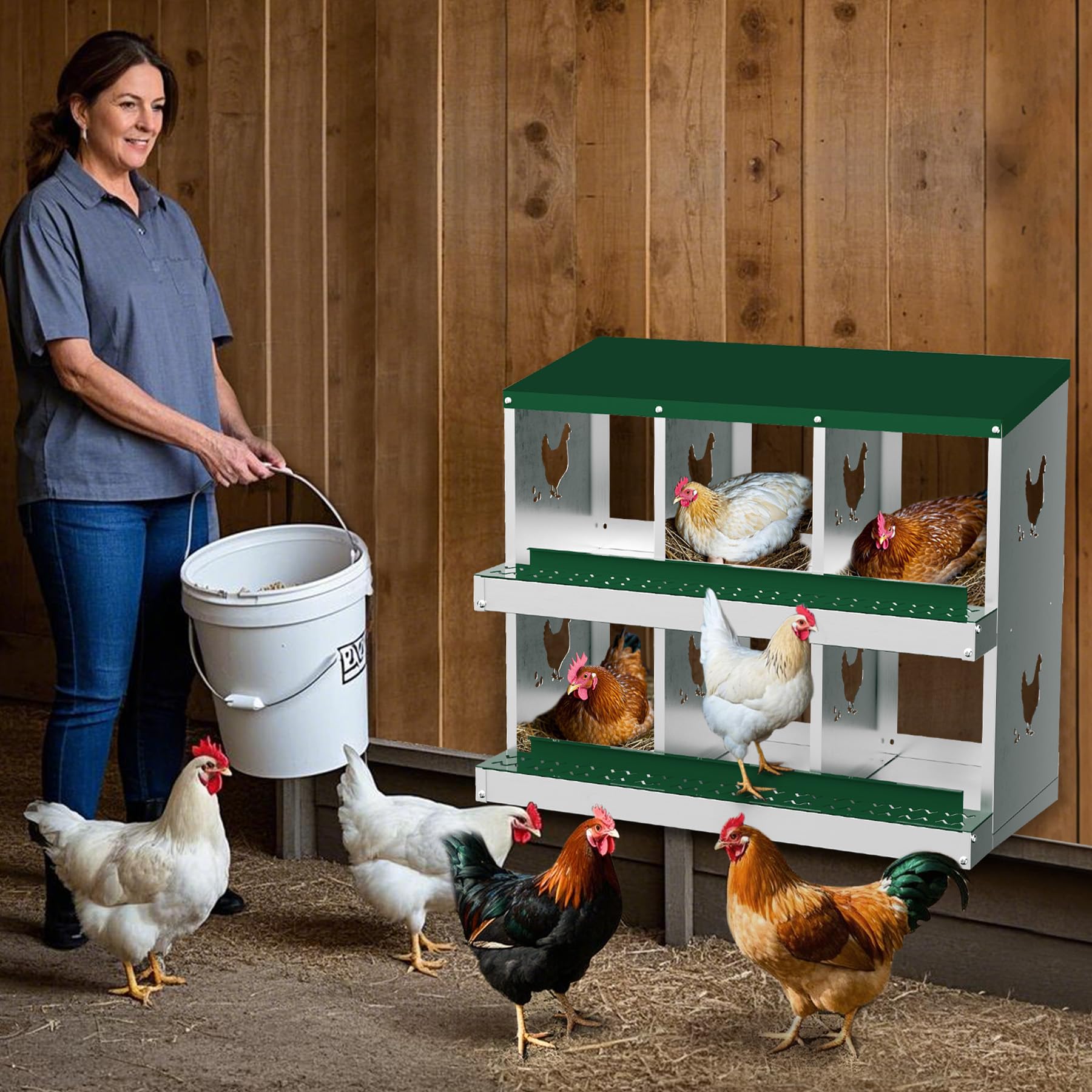 Garvee pondoir métallique pour poules à 6 compartiments, nichoir de ponte avec système de collecte des œufs par roulement, trous d’aération, vert, idéal pour poulailler et basse-cour