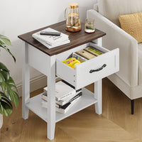Table d'appoint Garvee avec tiroir, 2 étagères, bois, design moderne, blanc, pour salon et chambre