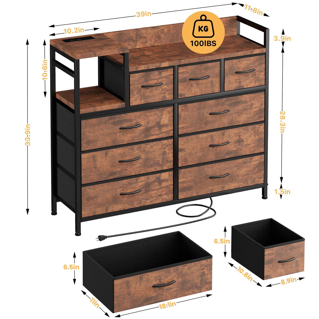 Garvee commode à 9 tiroirs en tissu, multifonctionnelle pour la chambre et le salon, 100 × 30 × 86 cm, coloris rétro