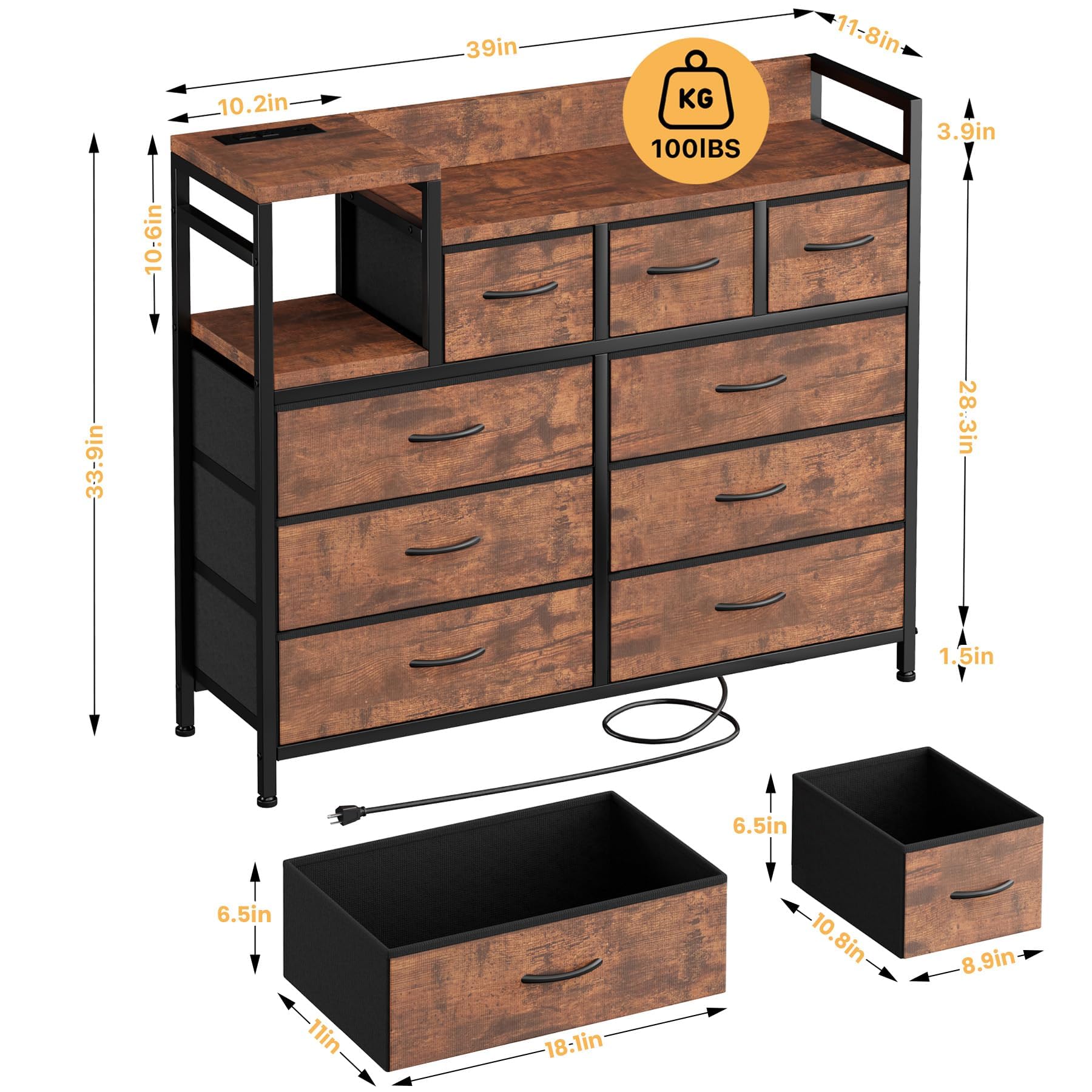 Commode Garvee à 9 tiroirs en tissu, multifonctionnelle pour chambre et salon, 100 x 30 x 86 cm, coloris rétro