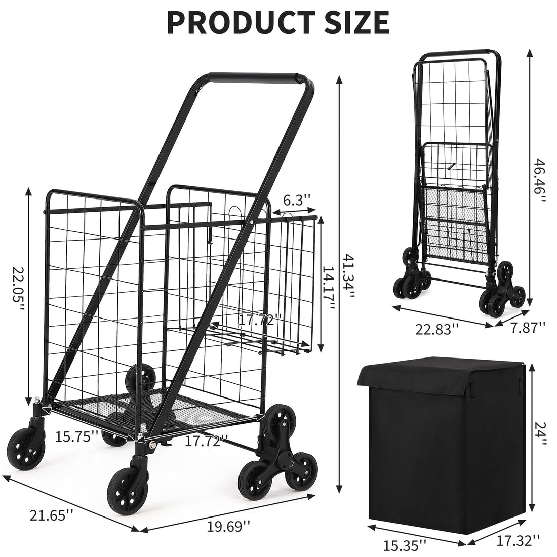 Chariot de courses Garvee avec monte-escalier et roues pivotantes à 360°, pliable, panier imperméable en Oxford 600D, robuste pour le shopping et le camping, noir, grand modèle