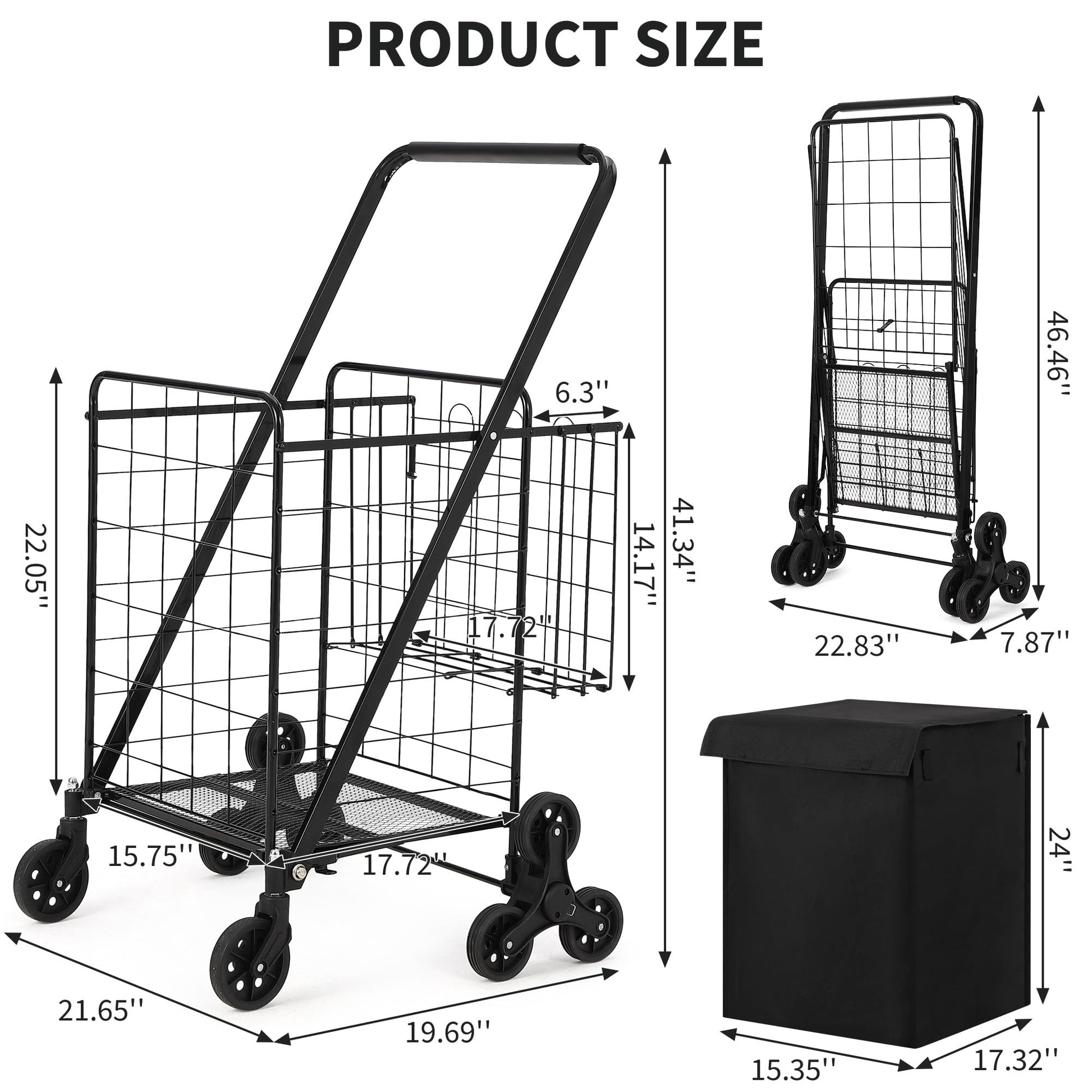 Chariot de courses Garvee avec monte-escalier et roues pivotantes à 360°, pliable, panier imperméable en Oxford 600D, robuste pour le shopping et le camping, noir, grand modèle