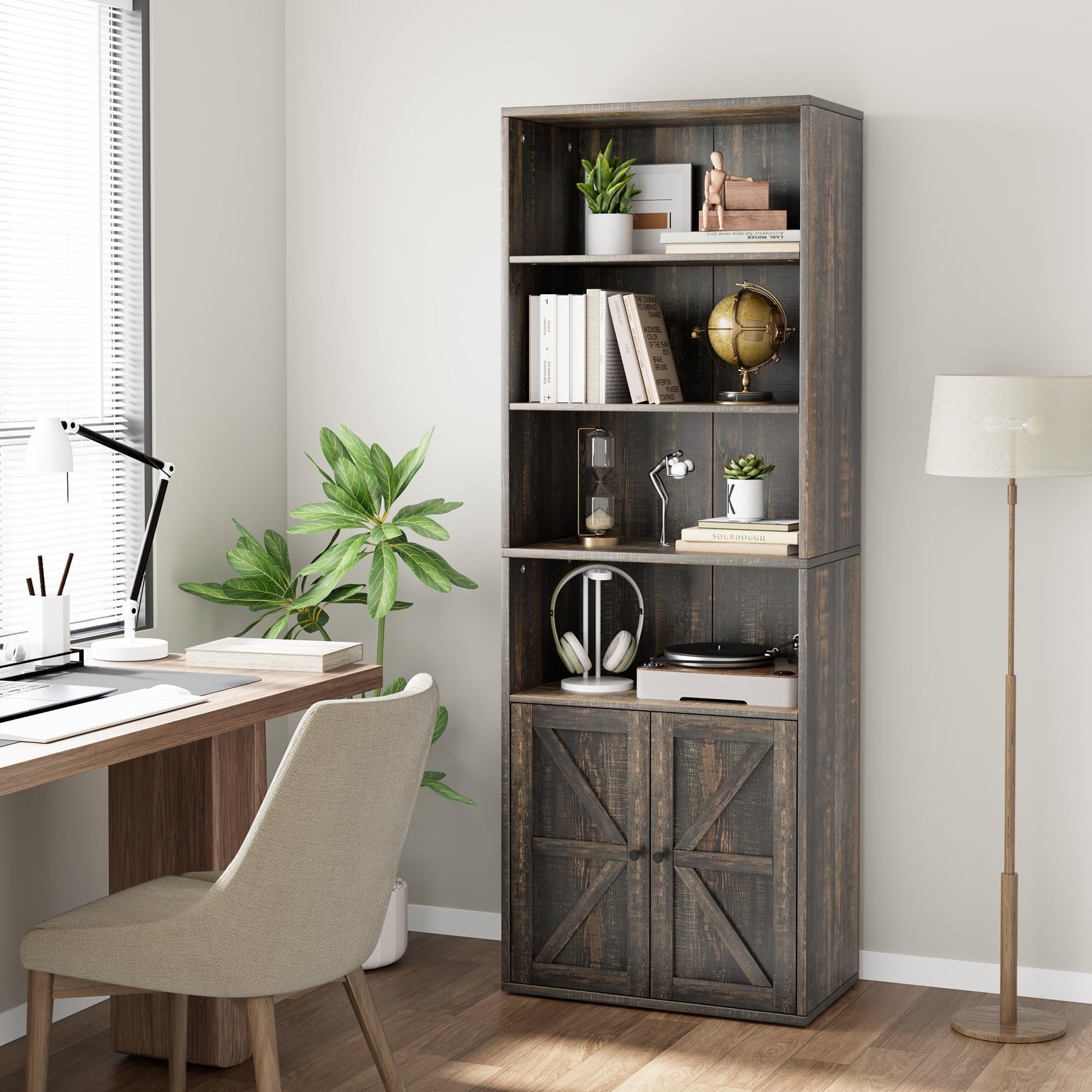 Bibliothèque Garvee avec portes, style industriel, 6 étagères, profondeur, capacité de charge 30 kg, design rustique en bois, pour bureau et salon, blanc