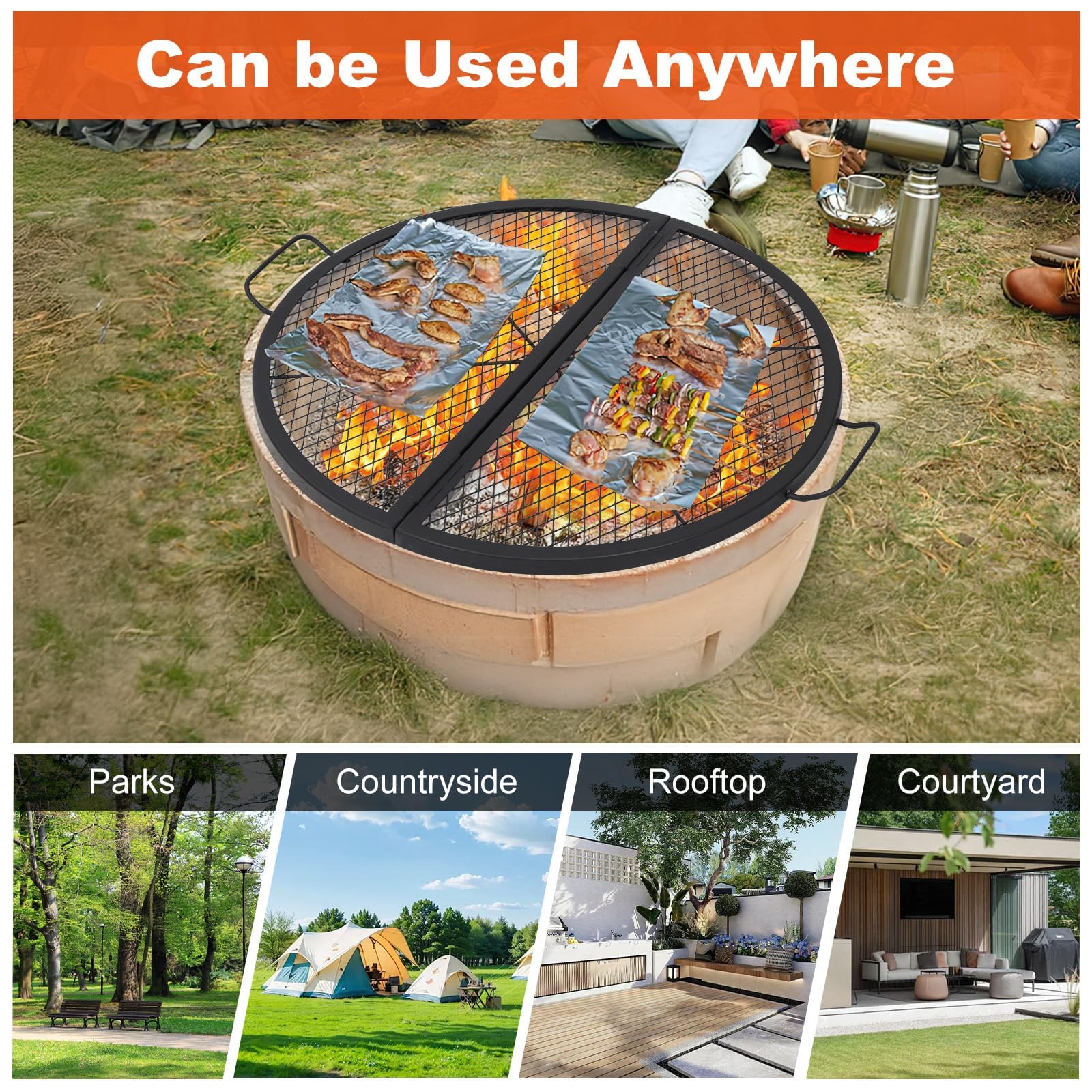 Grille de barbecue pliable Garvee X-Marks en acier robuste, idéale pour le camping et les grillades en extérieur. Grande surface de cuisson, résistante à la chaleur jusqu'à 600 °C, avec poignées.