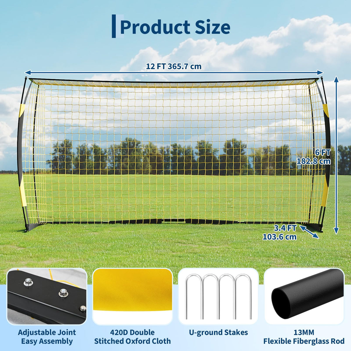 Garvee but de football pliable 366 × 183 cm, cadre métallique robuste, noir et jaune, pour jardin et entraînement