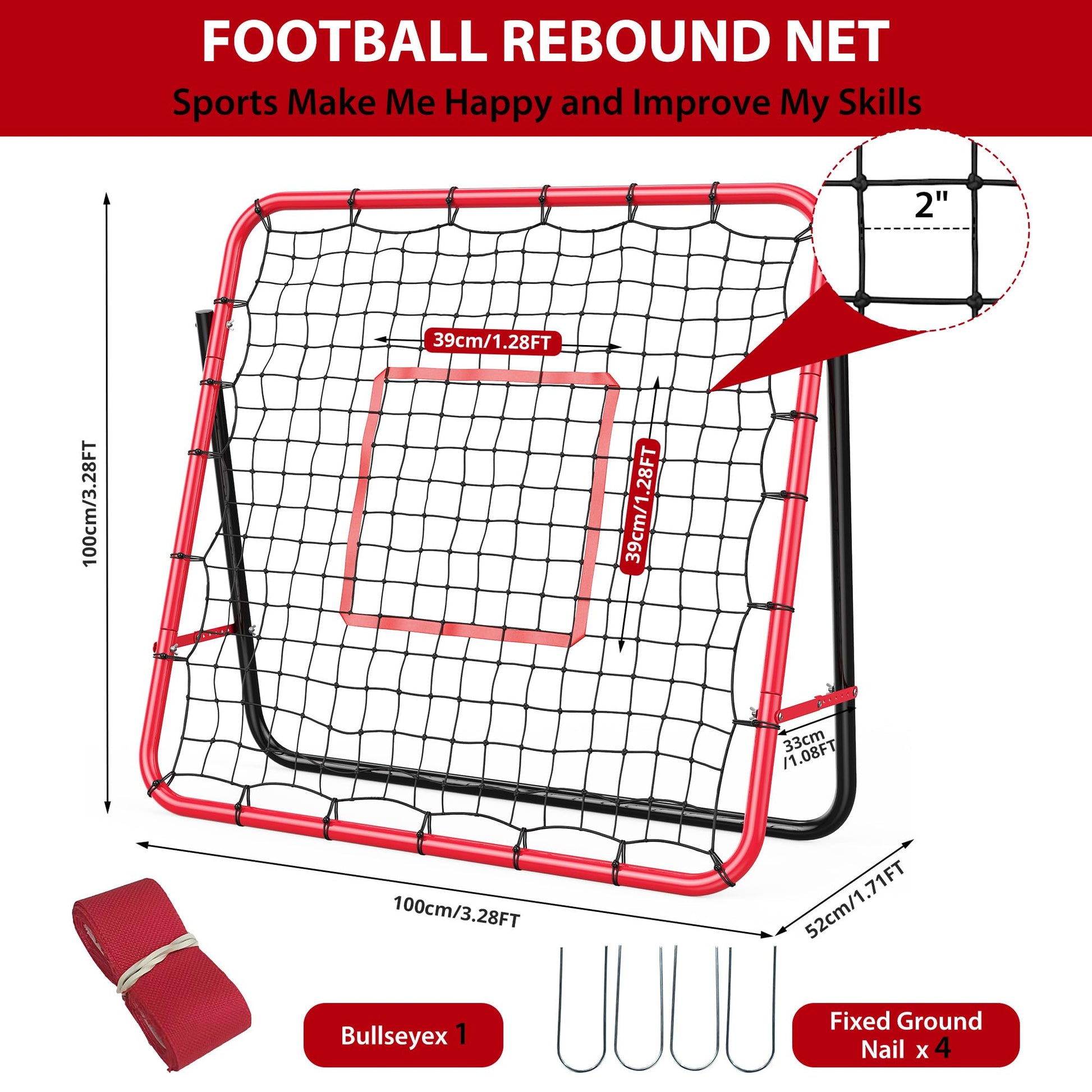 Filet de rebond de football Garvee 113 x 113 cm avec cadre en fer, angle réglable pour jardin et terrain, robuste et facile à monter