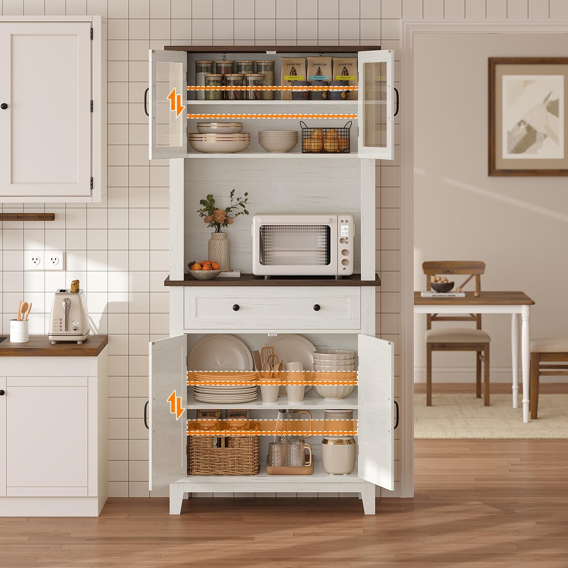 Armoire de cuisine Garvee de 183 cm de haut avec compartiment micro-ondes, espace de rangement, bois, tiroirs, portes vitrées, blanc, salle à manger