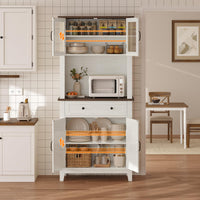 Armoire de cuisine Garvee de 183 cm de haut avec compartiment micro-ondes, espace de rangement, bois, tiroirs, portes vitrées, blanc, salle à manger