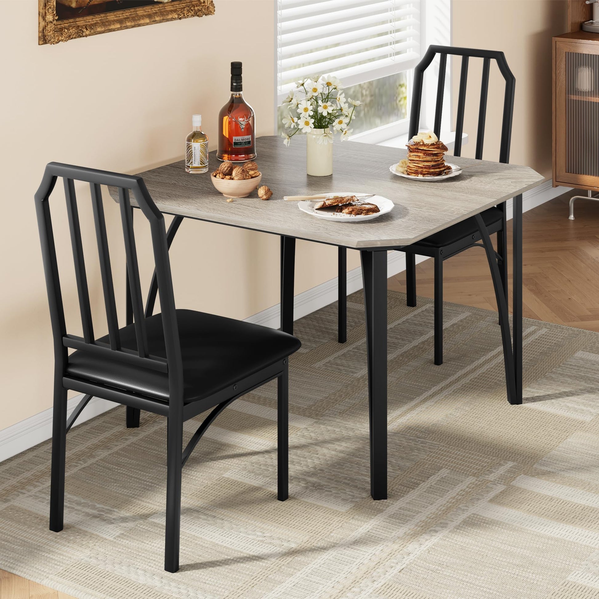 Ensemble de salle à manger Garvee pour 2 personnes, design chanfreiné, 3 pièces, sièges rembourrés, gris, compact pour petits espaces