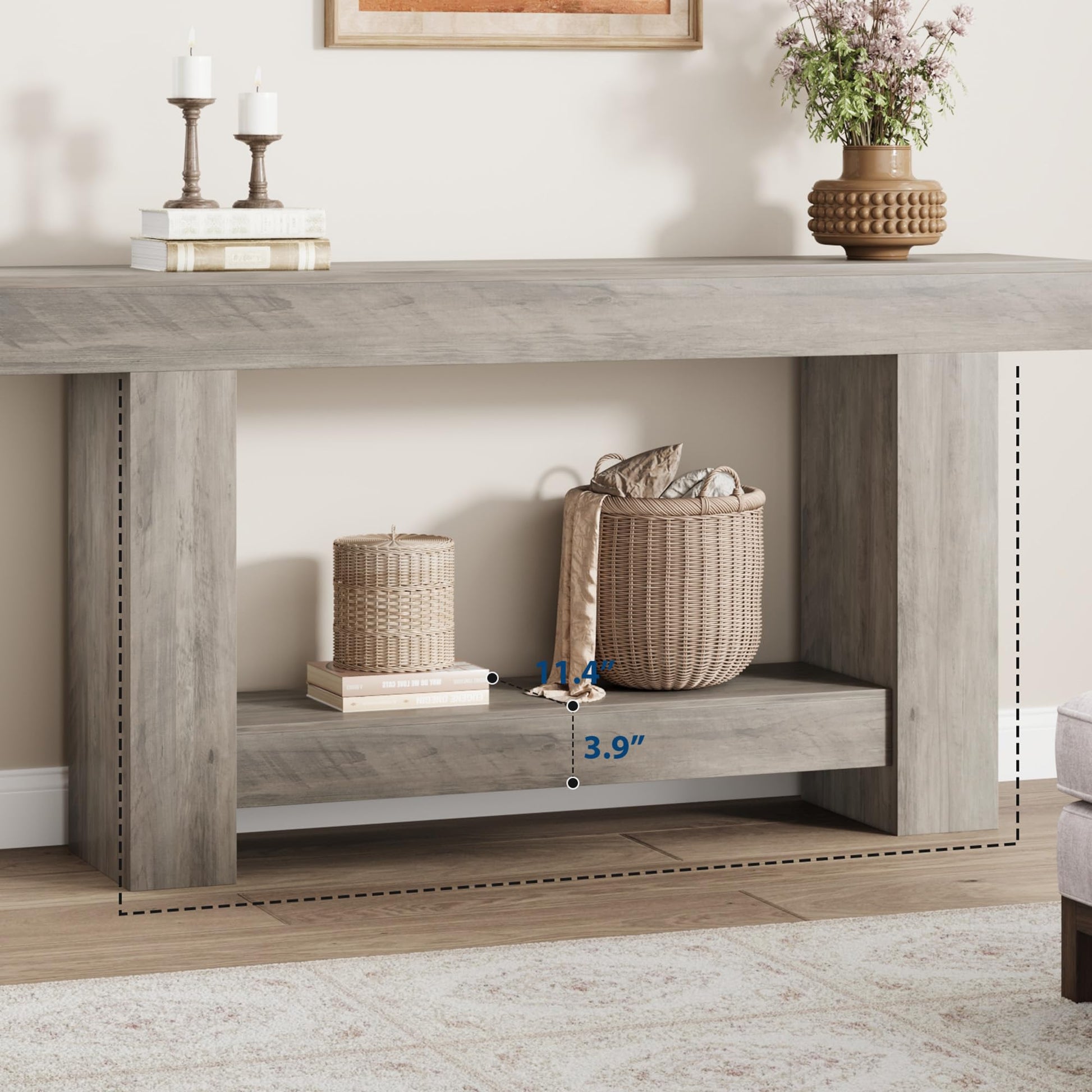 Garvee Table Console 160 cm en Bois Massif avec 2 Étagères, Style Maison de Campagne, pour Salon et Entrée, Gris