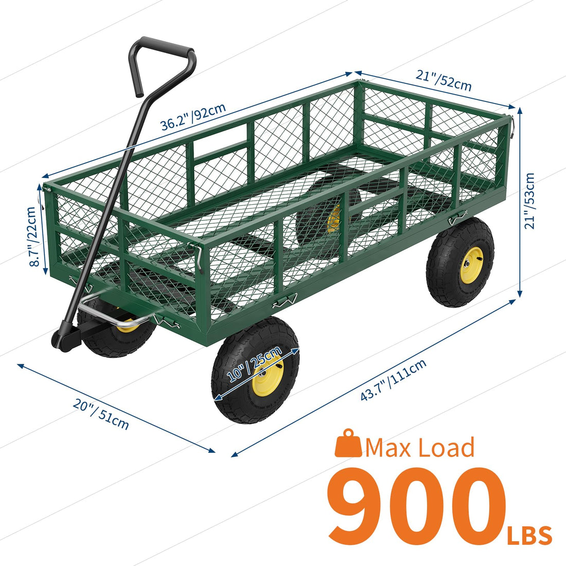 Garvee Chariot de jardin basculant 408 kg avec côtés amovibles, poignée rotative 180° et pneus 25 cm, acier robuste tout-terrain pour jardin et ferme