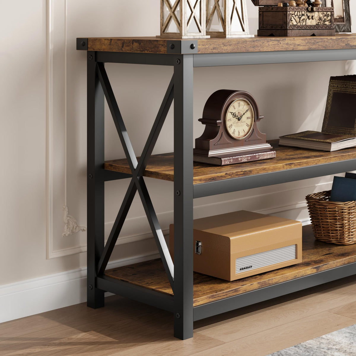 Console Garvee Langer en bois cannelé 47" style industriel rustique brun pour entrée ou salon