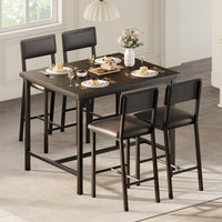 Ensemble table et chaises Garvee pour 4 personnes avec repose-pieds et protections d'angle, hauteur comptoir, tabourets de bar rembourrés, structure en métal, plateau en bois, compact, pour cuisine et appartement, multicolore