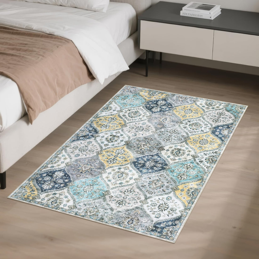Tapis Garvee lavable vintage 160x230cm pliable à poils courts pour intérieur salon bleu jaune