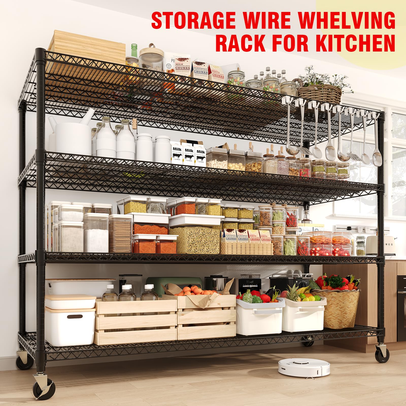 Étagère de rangement robuste Garvee 73 po H, 1200 kg (2640 lb), avec roulettes et pieds, pour garage et cuisine, réglable, en acier au carbone, 4 niveaux, noire