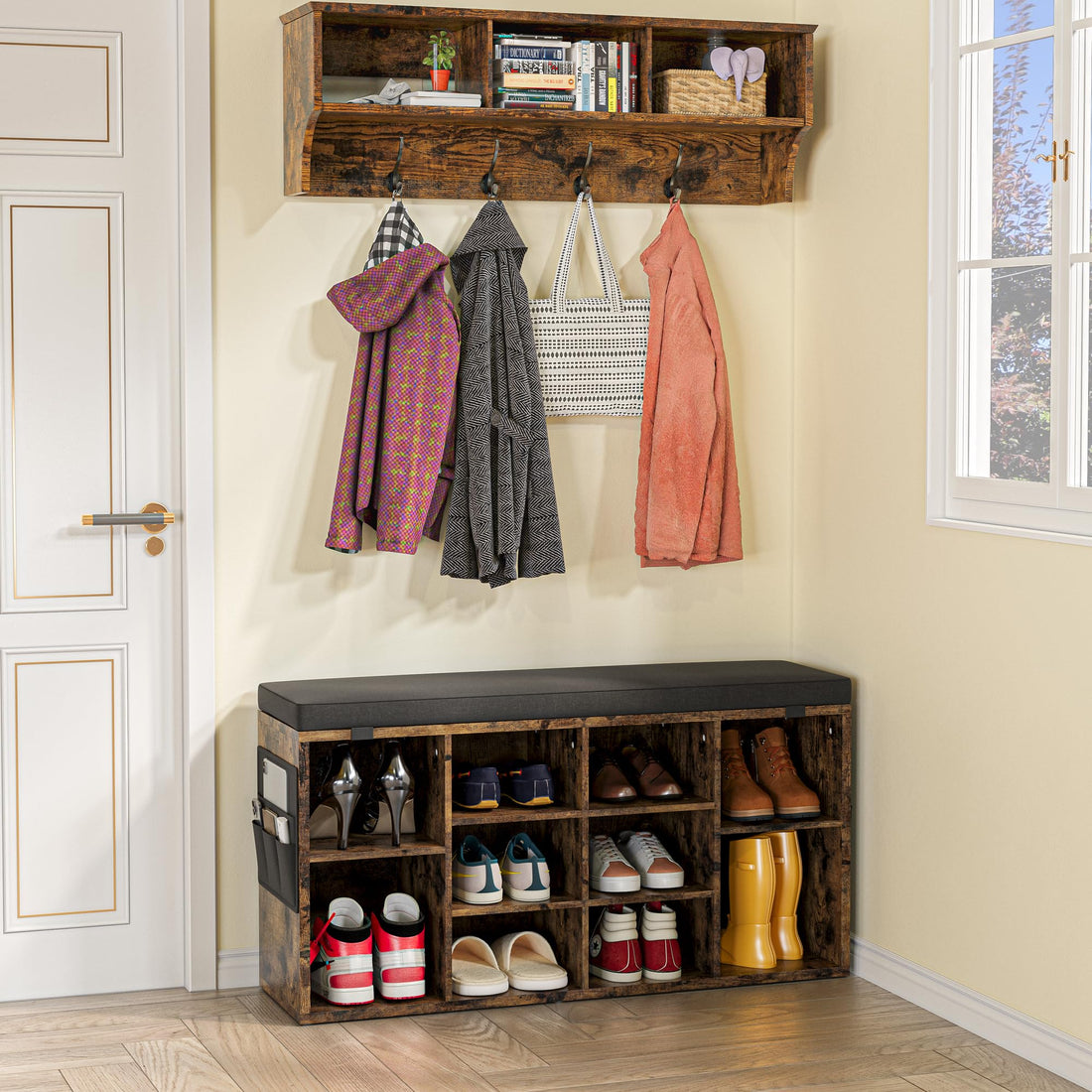 Garvee Banc à chaussures avec coussin, 3 étagères réglables, 10 compartiments, bois robuste, housse lavable, marron, 104 cm, pour entrée et chambre