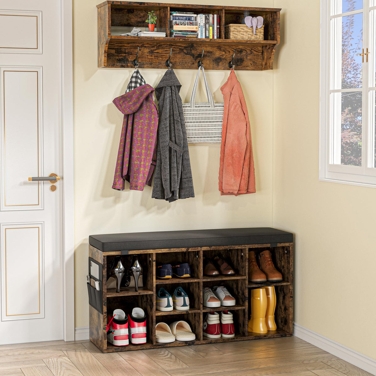 Garvee Banc à chaussures avec coussin, 3 étagères réglables, 10 compartiments, bois robuste, housse lavable, marron, 104 cm, pour entrée et chambre